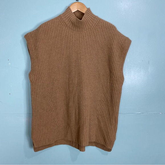 Ganni Ribbed Knit Wool Blend Tan Sweater Vest Sleeveless Oversized Long Sz XL